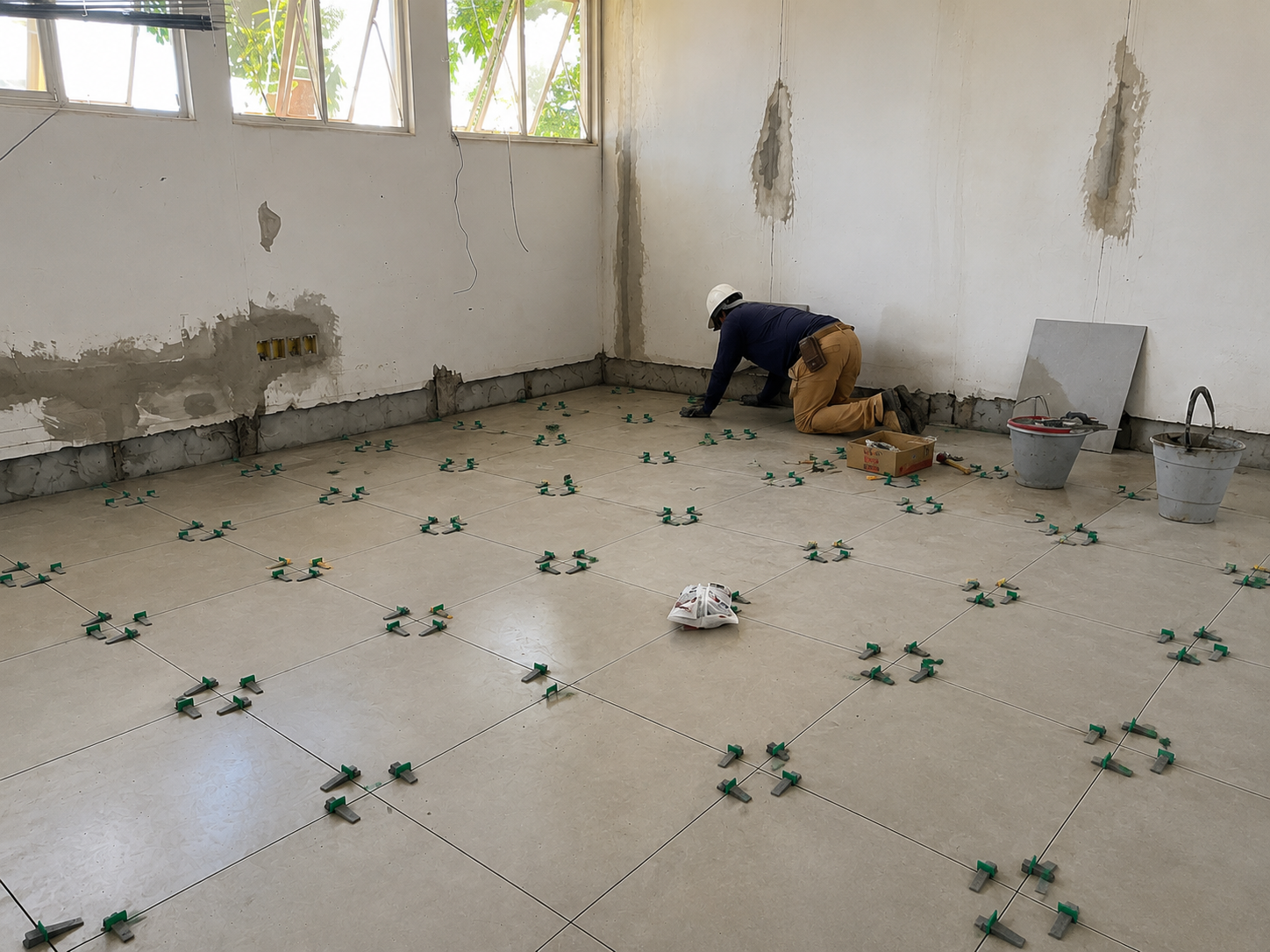 Profissional da equipe JK Engenharia assentando piso cerâmico com espaçadores niveladores